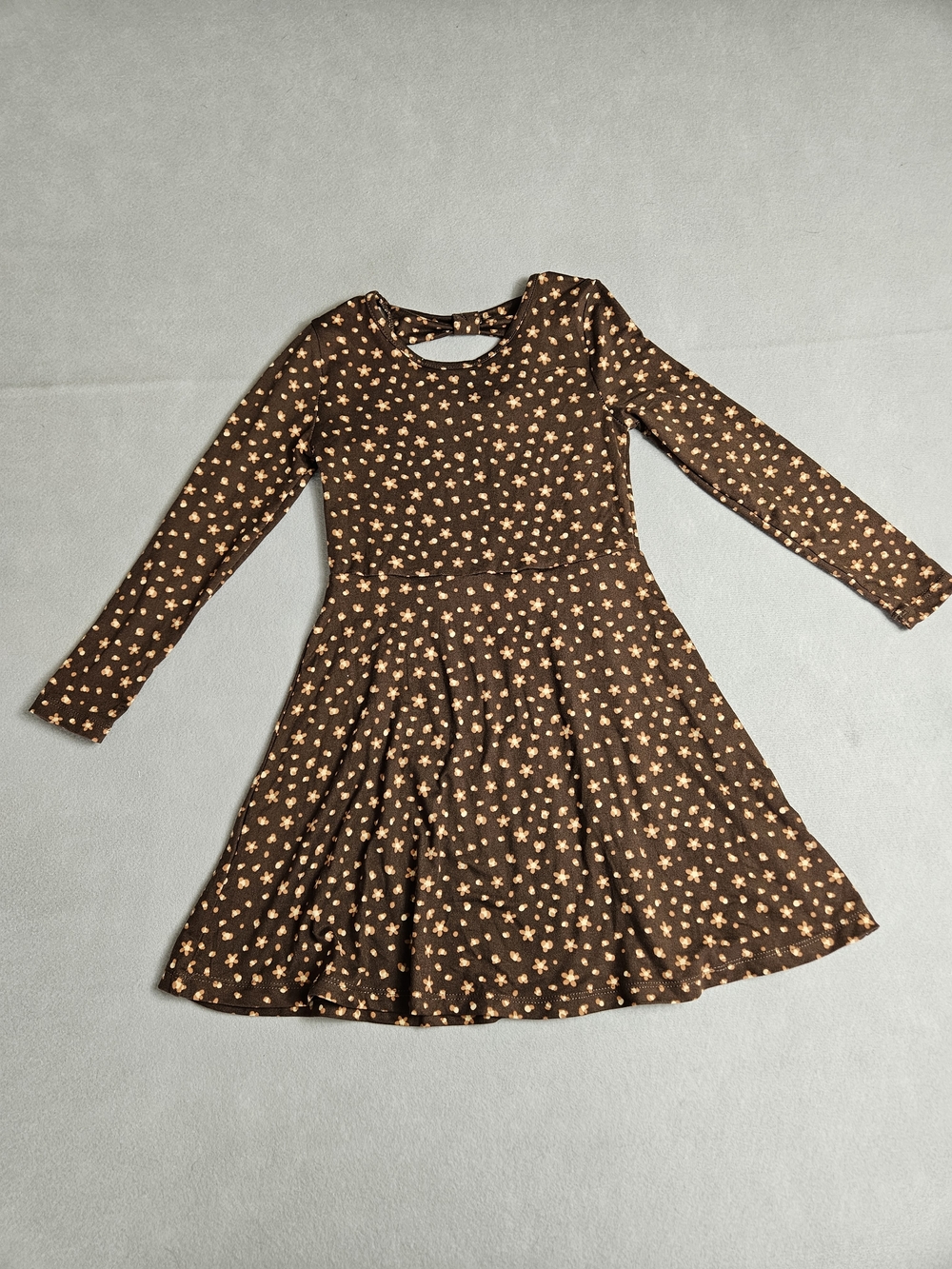 Btween Girls Brown Floral Long Sleeve Skater Dress Size 6X Cutout Back Stretchy